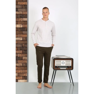 Moda Çizgi Erkek Penye Uzun Kol Pijama Takımı 6860 Ekru