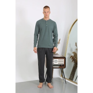 Moda Çizgi Erkek Penye Uzun Kol Pijama Takımı 6860 Haki