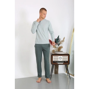 Moda Çizgi Erkek Penye Uzun Kol Pijama Takımı 6860 Su Yeşili