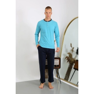 Moda Çizgi Erkek Penye Uzun Kol Pijama Takımı 6860 Turkuaz