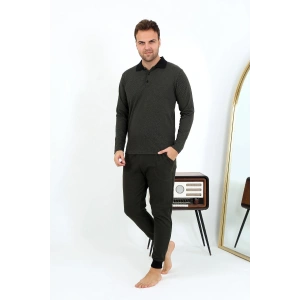 Moda Çizgi Erkek Polo Yaka Uzun Kol Penye Pijama Takımı 6862 Haki