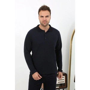 Moda Çizgi Erkek Polo Yaka Uzun Kol Penye Pijama Takımı 6862 Lacivert