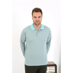 Moda Çizgi Erkek Polo Yaka Uzun Kol Penye Pijama Takımı 6862 Su Yeşili
