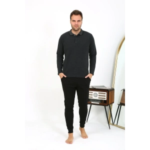 Moda Çizgi Erkek Polo Yaka Uzun Kol Penye Pijama Takımı Antrasit 6865