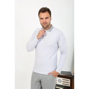 Moda Çizgi Erkek Polo Yaka Uzun Kol Penye Pijama Takımı Gri 6864