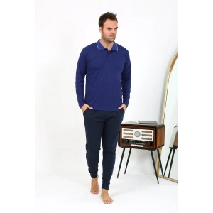 Moda Çizgi Erkek Polo Yaka Uzun Kol Penye Pijama Takımı Gri 6865