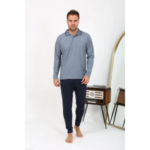 Moda Çizgi Erkek Polo Yaka Uzun Kol Penye Pijama Takımı Lacivert 6865