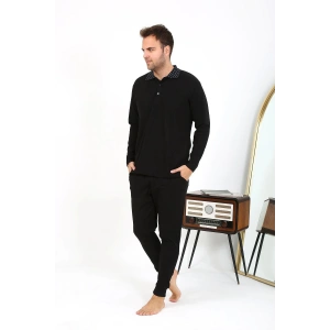 Moda Çizgi Erkek Polo Yaka Uzun Kol Penye Pijama Takımı Siyah 6864