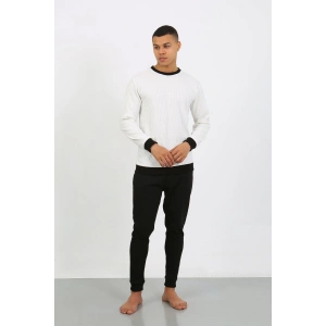 Moda Çizgi Erkek Uzun Kol Manşetli Paça Penye Pijama Takımı 6870 Beyaz