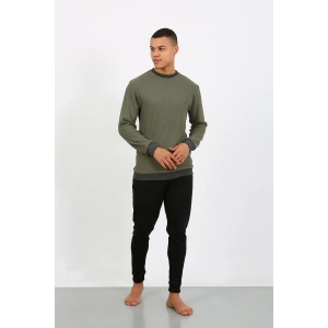 Moda Çizgi Erkek Uzun Kol Manşetli Paça Penye Pijama Takımı 6870 Haki