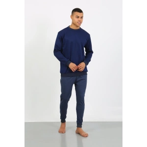 Moda Çizgi Erkek Uzun Kol Manşetli Paça Penye Pijama Takımı 6870 Lacivert