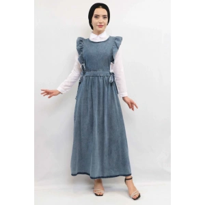 Moda Çizgi Fırfırlı Salopet Kot Elbise  Koyu Mavi