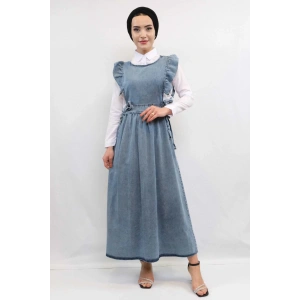 Moda Çizgi Fırfırlı Salopet Kot Elbise Mavi