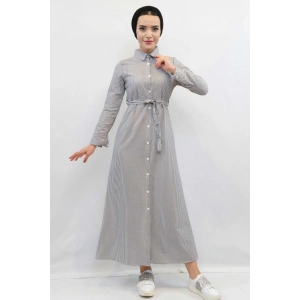 Moda Çizgi Gofre Elbise Gri