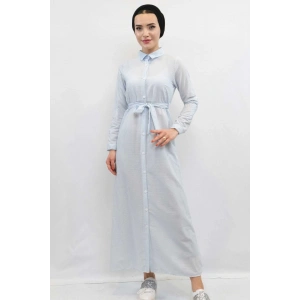 Moda Çizgi Gofre Elbise Mavi