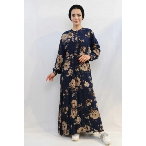 Moda Çizgi Gül Desenli Elbise MC4101 Lacivert