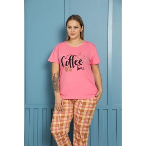 Moda Çizgi Kadın %100 Pamuk Kısa Kol Büyük Beden Pijama Takım 202156