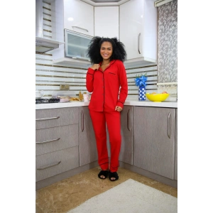 Moda Çizgi Kadın %100 Pamuk Penye Önden Düğmeli Uzun Kol Pijama Takım 2714