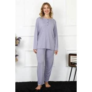 Moda Çizgi Kadın 4XL-5XL-6XL-7XL-8XL Büyük Beden Lila Uzun Kol Pijama Takım 75013