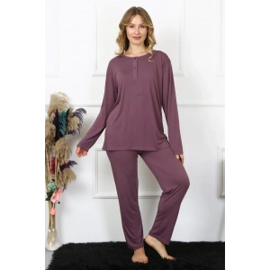 Moda Çizgi Kadın 4XL-5XL-6XL-7XL-8XL Büyük Beden Mürdüm Uzun Kol Pijama Takım 75013