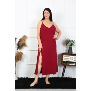 Moda Çizgi Kadın Büyük Beden İp Askılı Pamuklu Bordo Uzun Gecelik 12100