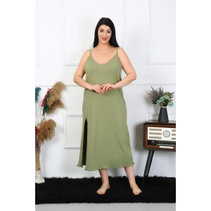 Moda Çizgi Kadın Büyük Beden İp Askılı Pamuklu Haki Uzun Gecelik 12100