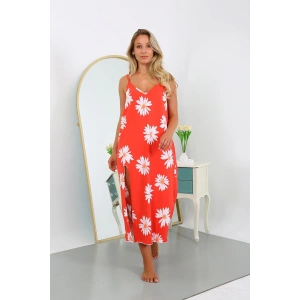 Moda Çizgi Kadın Büyük Beden İp Askılı Pamuklu Uzun Gecelik 12104 Nar Çiçeği