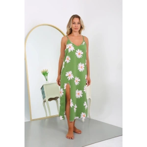 Moda Çizgi Kadın Büyük Beden İp Askılı Pamuklu Uzun Gecelik 12104 Yeşil