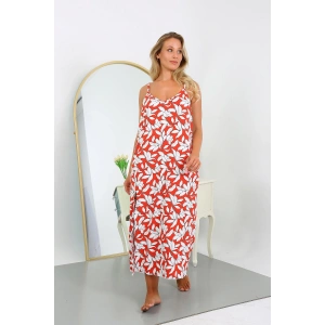 Moda Çizgi Kadın Büyük Beden İp Askılı Pamuklu Uzun Gecelik 12105