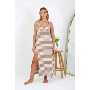 Moda Çizgi Kadın Büyük Beden İp Askılı Uzun Gecelik 12109 Sütlü Kahve