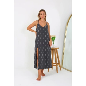 Moda Çizgi Kadın Büyük Beden İp Askılı Uzun Gecelik 12112