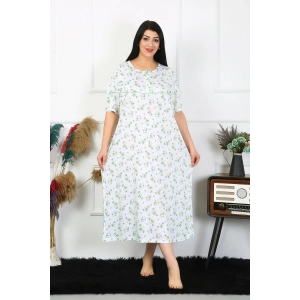 Moda Çizgi Kadın Büyük Beden Kısa Kol Beyaz Anne Gecelik 1372