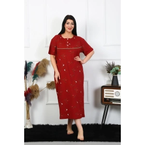 Moda Çizgi Kadın Büyük Beden Kısa Kol Bordo Anne Gecelik 1370