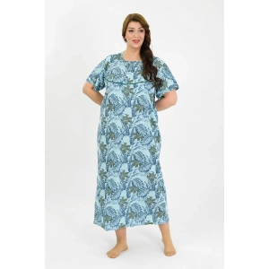 Moda Çizgi Kadın Büyük Beden Kısa Kol Mavi Anne Gecelik 1377