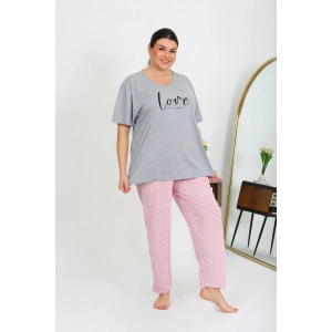 Moda Çizgi Kadın Büyük Beden Kısa Kol Penye Pijama Takımı Gri 202408
