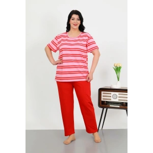 Moda Çizgi Kadın Büyük Beden Kısa Kol Penye Pijama Takımı Kırmızı 202505