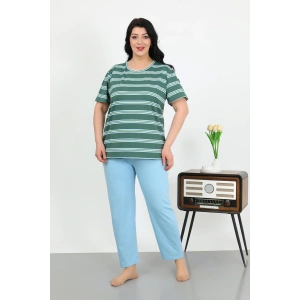 Moda Çizgi Kadın Büyük Beden Kısa Kol Penye Pijama Takımı Petrol 202505