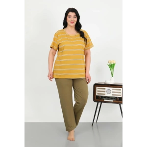 Moda Çizgi Kadın Büyük Beden Kısa Kol Penye Pijama Takımı Sarı 202505