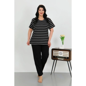 Moda Çizgi Kadın Büyük Beden Kısa Kol Penye Pijama Takımı Siyah 202505