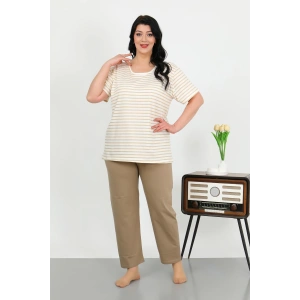 Moda Çizgi Kadın Büyük Beden Kısa Kol Penye Pijama Takımı Sütlü Kahve 202505