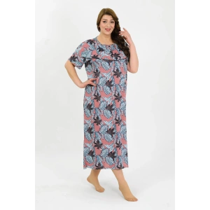 Moda Çizgi Kadın Büyük Beden Kısa Kol Somon Anne Gecelik 1377