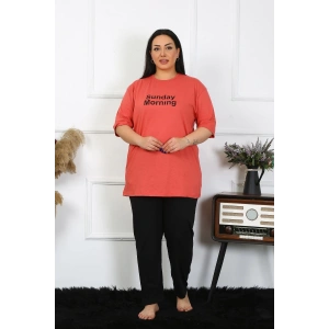 Moda Çizgi Kadın Büyük Beden Mercan Pijama Takımı 202404
