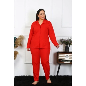 Moda Çizgi Kadın Büyük Beden Pamuklu Cepli Düğmeli Kırmızı Pijama Takım 202401