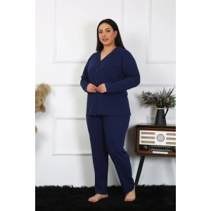 Moda Çizgi Kadın Büyük Beden Pamuklu Cepli Düğmeli Lacivert Pijama Takım 202401