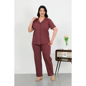 Moda Çizgi Kadın Büyük Beden Pamuklu Cepli Düğmeli Mor Pijama Takım 202507