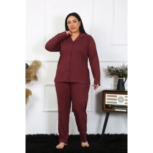 Moda Çizgi Kadın Büyük Beden Pamuklu Cepli Düğmeli Mürdüm Pijama Takım 202401