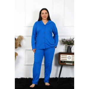 Moda Çizgi Kadın Büyük Beden Pamuklu Cepli Düğmeli Saks Pijama Takım 202401