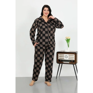 Moda Çizgi Kadın Büyük Beden Pamuklu Cepli Düğmeli Siyah Pijama Takım 202506