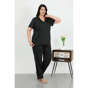 Moda Çizgi Kadın Büyük Beden Pamuklu Cepli Düğmeli Siyah Pijama Takım 202507
