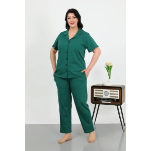 Moda Çizgi Kadın Büyük Beden Pamuklu Cepli Düğmeli ZümrütYeşili Pijama Takım 202507